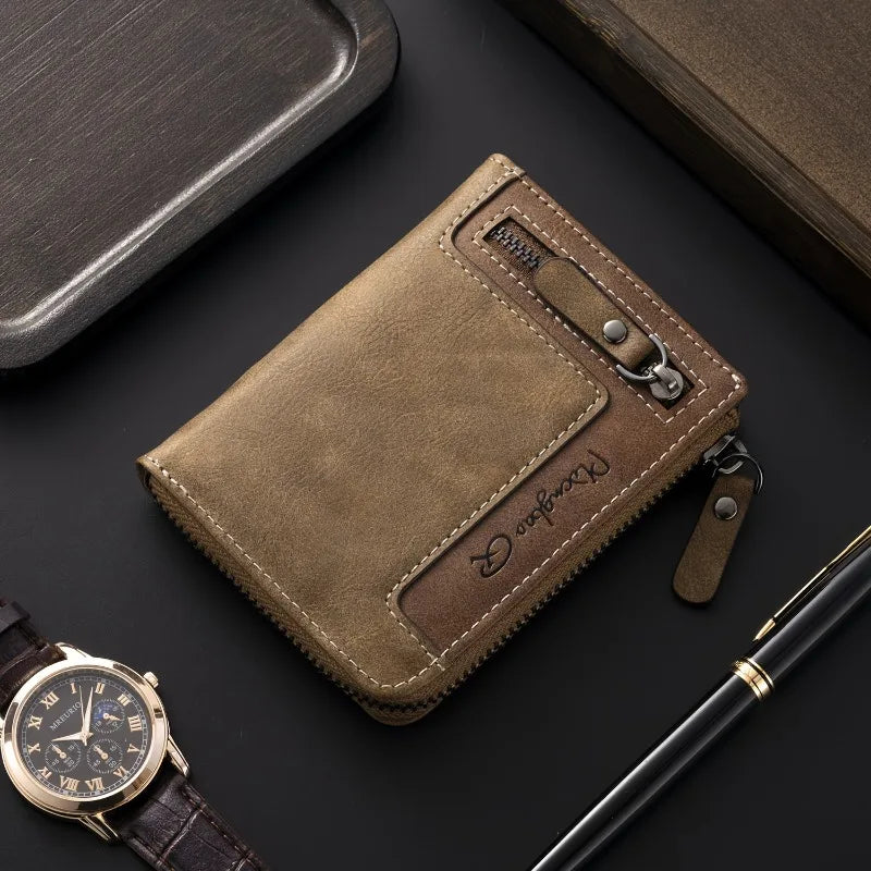 Men's Leather Bifold Wallet – Multi-Card Slots & Zipper Coin Pocket