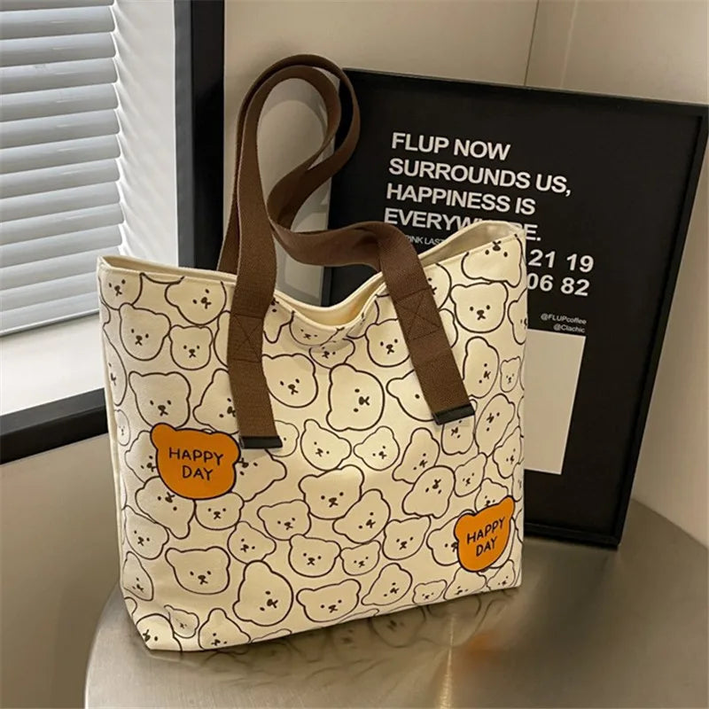Bear Print Canvas Tote Bag – Cute Cartoon Shoulder Bag for Women