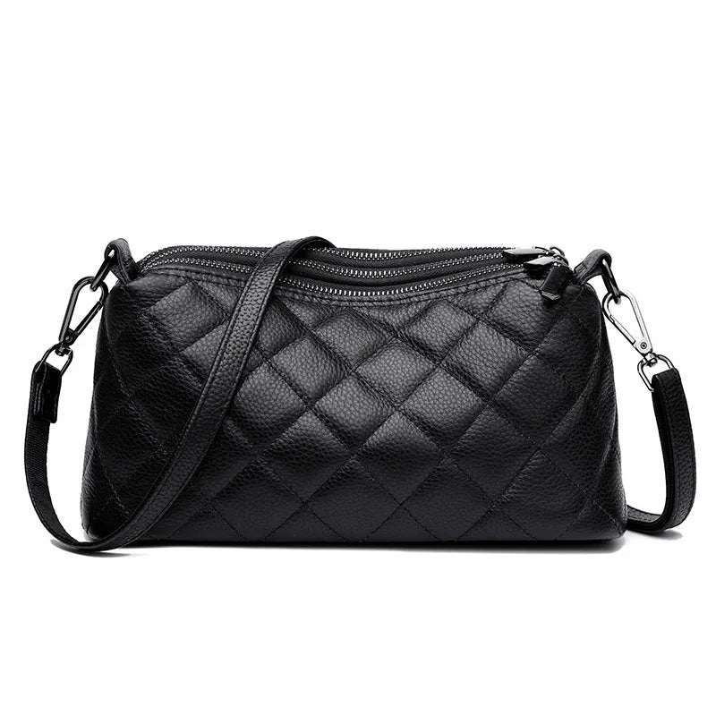 Leather Rhomb Shoulder Bag Women Simple Casual Soft Zipper Large Capacity Cowhide Crossbody - Soft