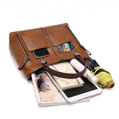 Retro Leather Tote Bag for Women with Double Pockets