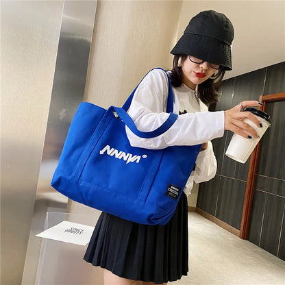 Large Canvas Tote Bag with Letter Print – Oversized Shoulder Bag