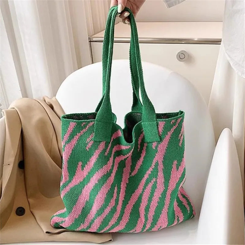Striped Knitting Bag Commuter Large Capacity Tote Bags Woven Handbag Shoulder Bag Women Daily Use