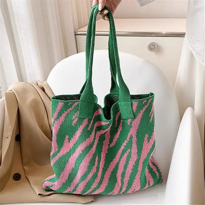 Striped Knitting Bag Commuter Large Capacity Tote Bags Woven Handbag Shoulder Bag Women Daily Use