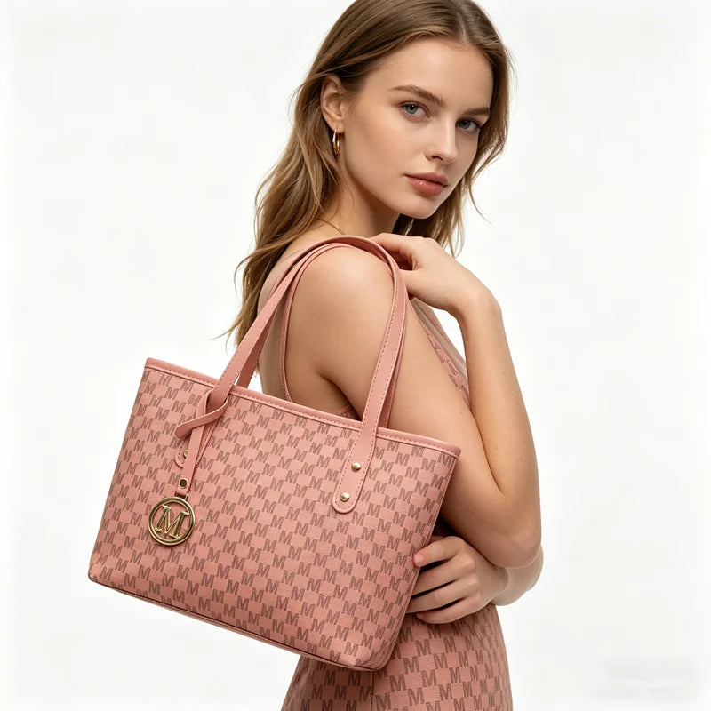 Chic Monogram Pu Tote Bag Gold M Pendant Spacious Stylish Handbag Shoulder Bags Women Everyday Use