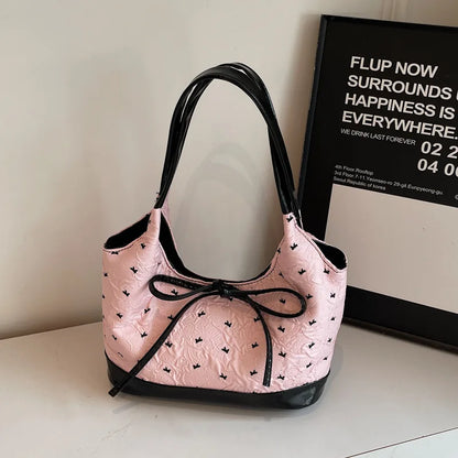 Cute Pink Bow Tote Bag Contrast Handbag Shoulder Large Capacity Soft Fabric Daily Shopping Casual