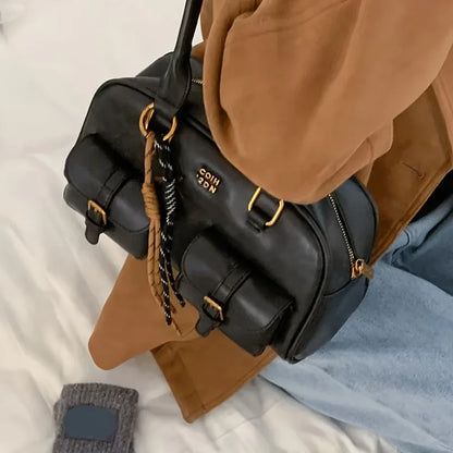 Multi-Pocket Shoulder Bag with Gold Hardware & Letter Detail