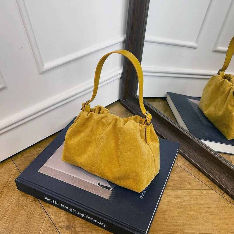 Suede Ruched Mini Bucket Bag with Detachable Strap