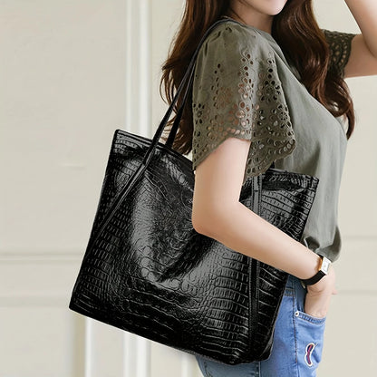 Crocodile Print PU Leather Tote Bag – Large Women's Shoulder Handbag