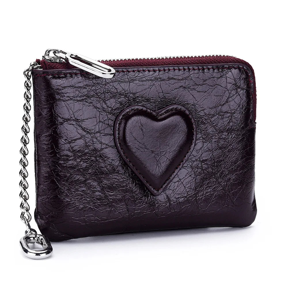 Oil-Wax Cowhide Small Lady S Heart Coin Purse Card