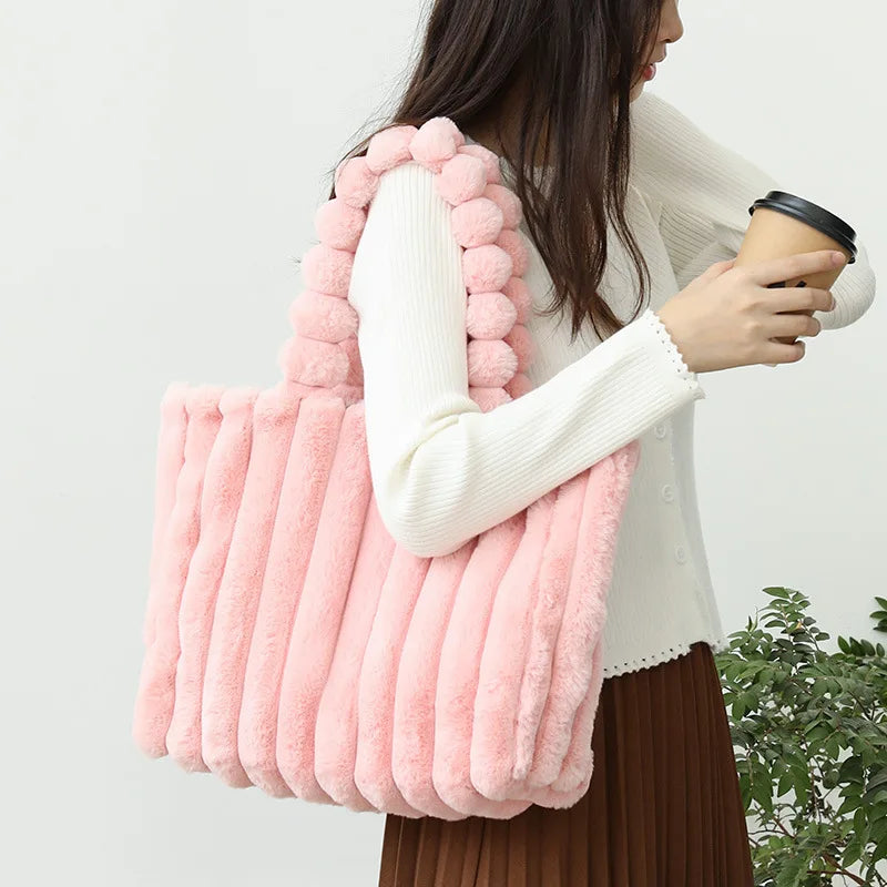 Large Capacity Plush Tote Bag Stiped Faux Fur Shoulder Bag - Soft