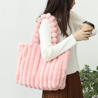 Large Capacity Plush Tote Bag Stiped Faux Fur Shoulder Bag - Soft