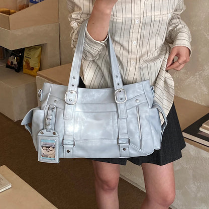 Commute Y2k Women Tote Bag Soft Pu Leather Metal Shoulder Large Capacity Multi Pocket Handbag