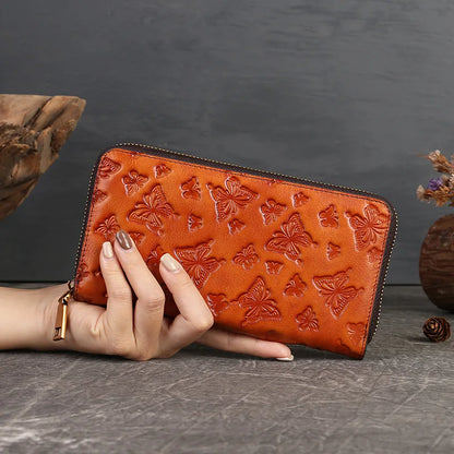 Lady Holding Real Leather Purse Vintage Butterfly Embosed Long Pocket Change Storage Large Capacity