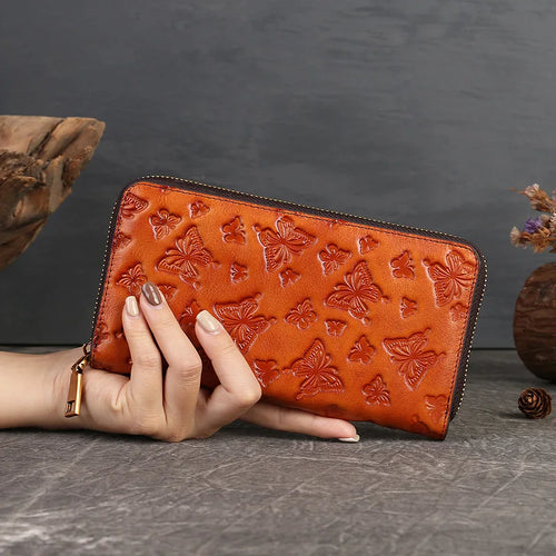 Lady Holding Real Leather Purse Vintage Butterfly Embosed Long Pocket Change Storage Large Capacity