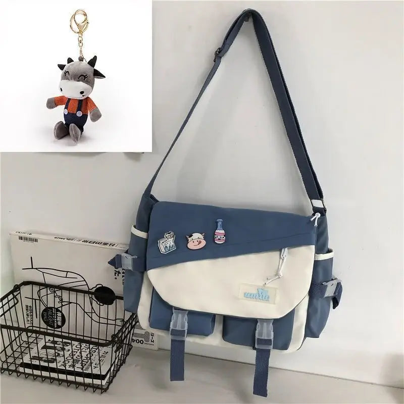 Harajuku Nylon Messenger Bag with Cute Badge Pins – Large Capacity