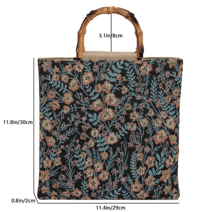 Vintage Artistic Embroidery Floral Pattern Shoulder Bag Bamboo Handle Women Tote Soft Fabric Handbag