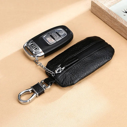 Genuine Leather Car Key Case Cowhide Lychee Pattern Universal Car Key Cover - Waterproof