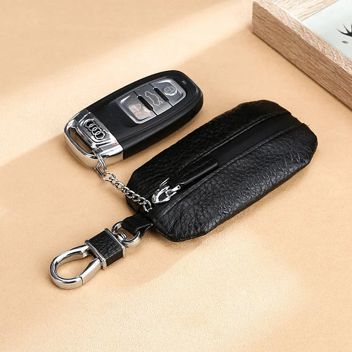 Genuine Leather Car Key Case Cowhide Lychee Pattern Universal Car Key Cover - Waterproof