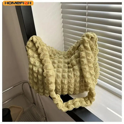 Homefish Crossbody Bag Pleated Design Embroidered Plaid Shoulder Underarm Bags Simple Large Capacity