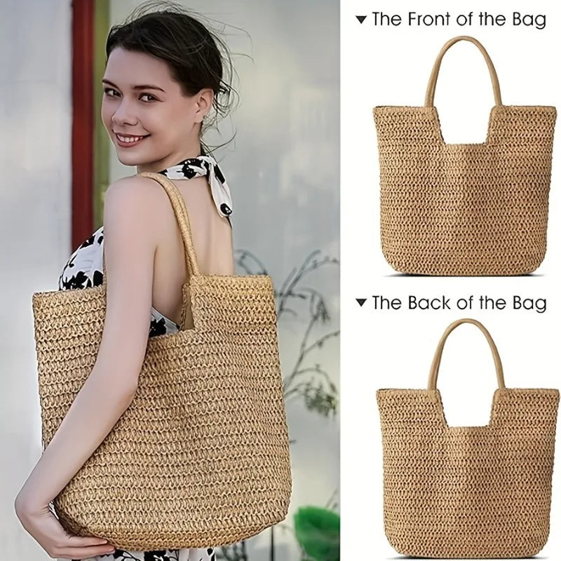 Handwoven Straw Beach Tote Bag for Women – Summer Shoulder Handbag