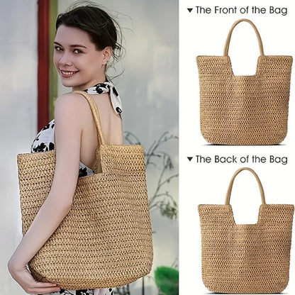 Handwoven Straw Beach Tote Bag for Women – Summer Shoulder Handbag
