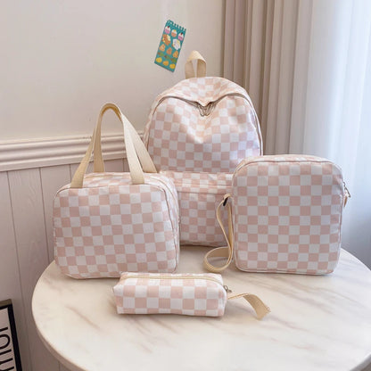 Checkerboard 4pcs Backpack Set Crossbody Handbag Pen Case Stitching Multi Pocket Adjustable Straps