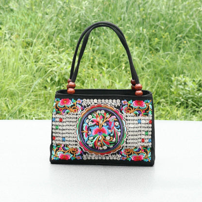 Embroidered Floral Handbag with Double Zipper & Beaded Handle
