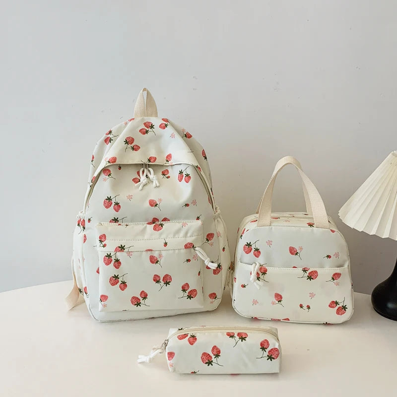 Cute Strawberry Pattern Backpack Set 3pcs Handbag Pencil Case Reinforced Nylon Dual Zipper School