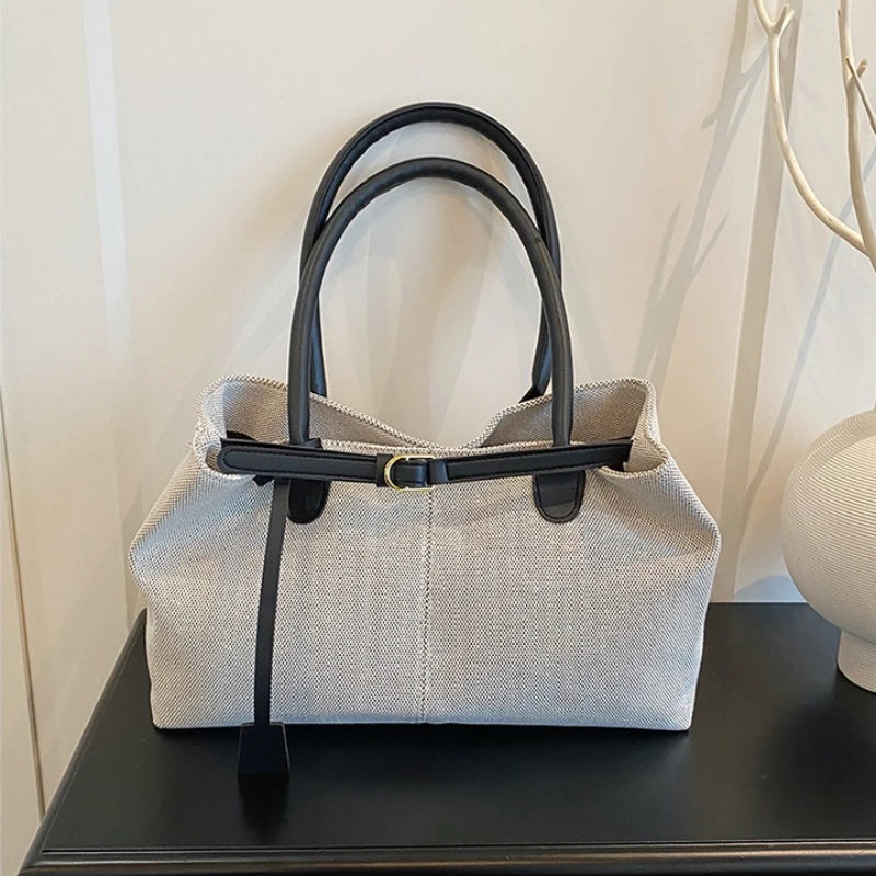 Linen Tote Bag with Leather Handles & Buckle Detail