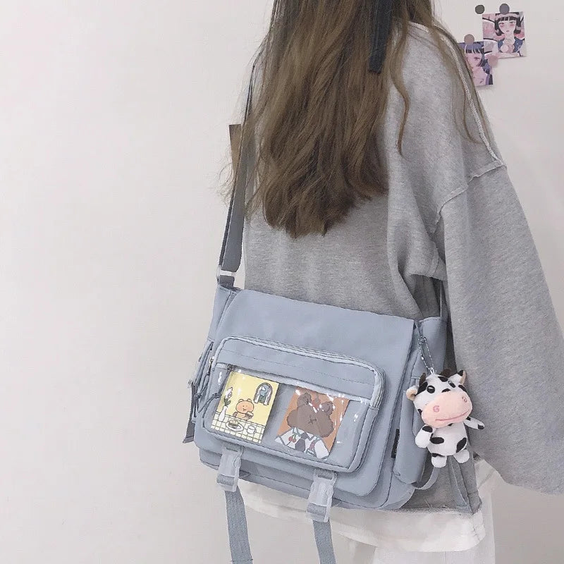 Kawaii Japanese Nylon Crossbody Bag with Transparent Pin Pocket