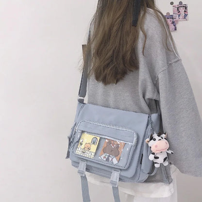 Kawaii Japanese Nylon Crossbody Bag with Transparent Pin Pocket