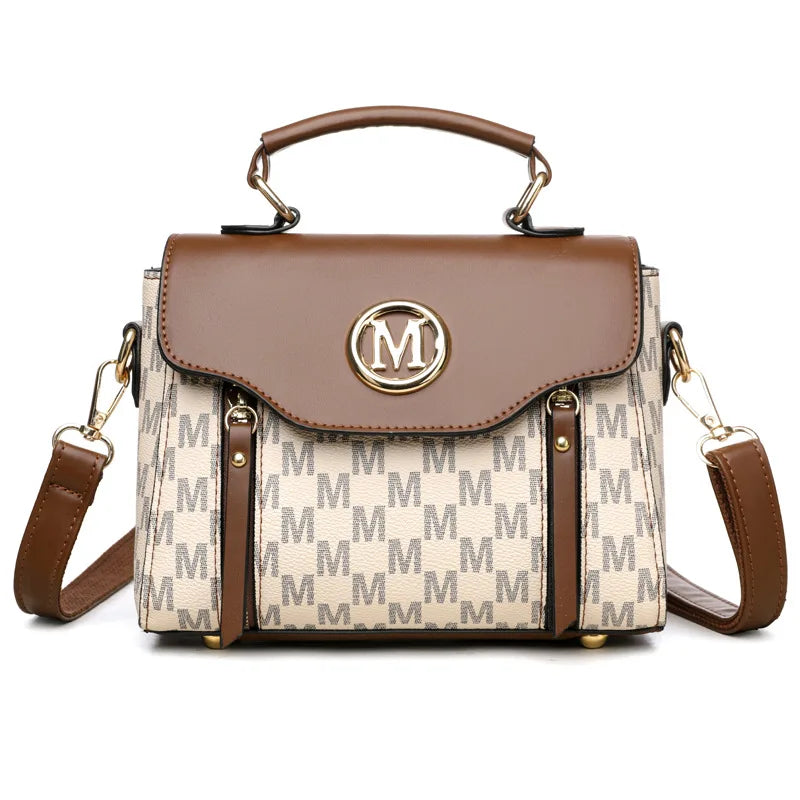 PU Leather Handbag – Vintage Monogram Shoulder Bag with Gold M Logo