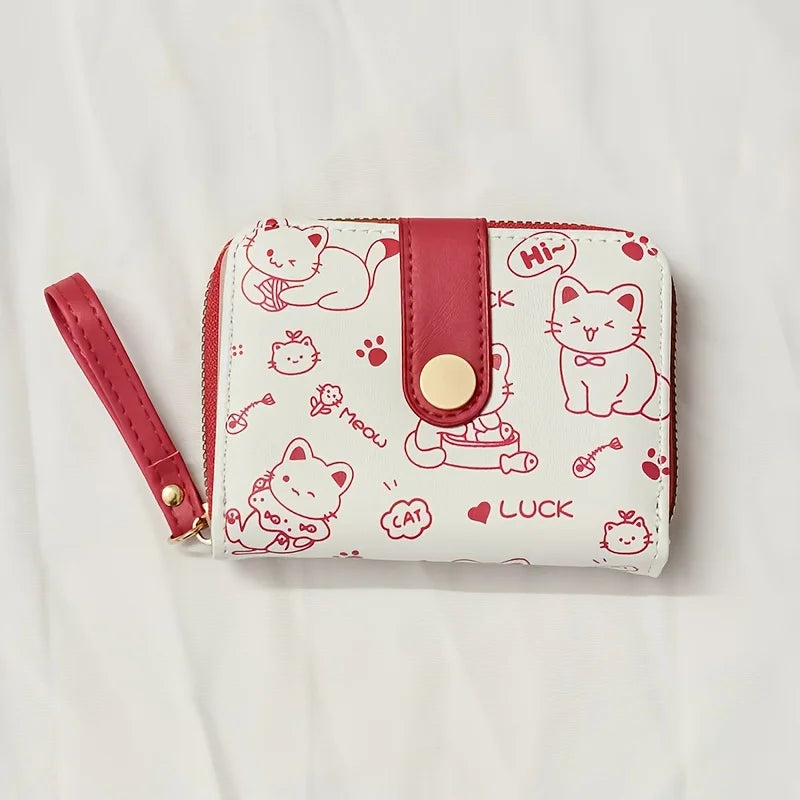 Cute Cat Print Wallet Women Tri-Fold Snap Closure Card Holder Purse