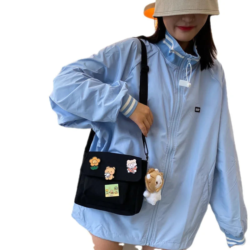 Cute Canvas Crossbody Bag with Pins – Lightweight Shoulder Bag for Women