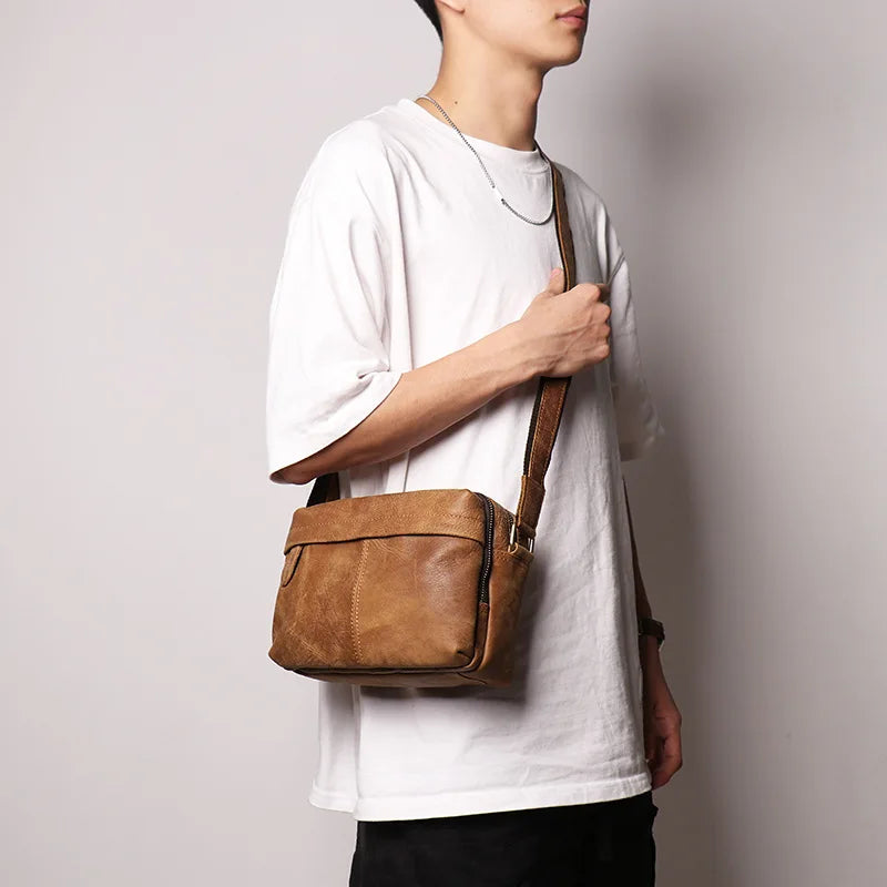 Retro Fashionable Men S Square Cowhide Single-Shoulder Bag Women Genuine Leather Crossbody
