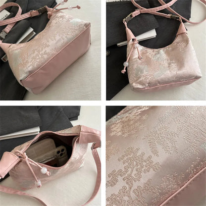 Satin Floral Shoulder Bag Chinese-Inspired Crossbody Handbag
