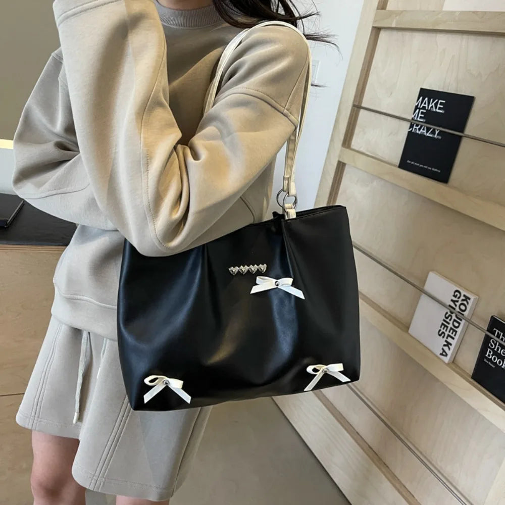 Women Large Capacity Bow Tote Bag Texture Casual Commute Shoulder Student School Daily Handbag