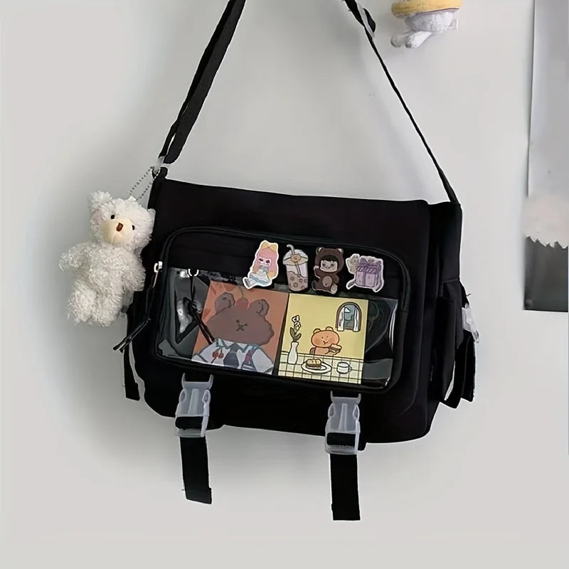 Kawaii Nylon Crossbody Bag Clear Pocket Front Shoulder Bag Student Flap Messenger Bag