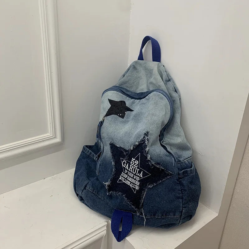 Casual Gradient Denim Backpack Retro Aged Washable Schoolbag - Washable