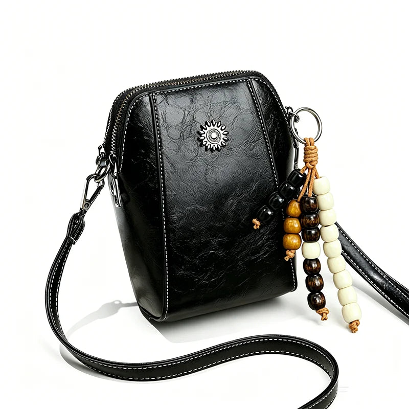 Crossbody Phone Bag – Vintage Faux Leather with Bohemian Beaded Keychain