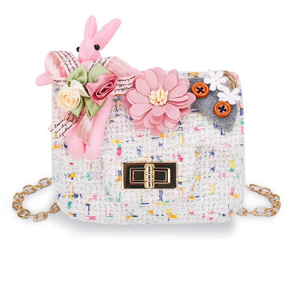 Cute Kids Floral Tweed Shoulder Crossbody Bags Pearl Flower Decor Chic Clutch Bag Mini Chain Purse