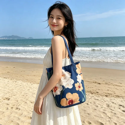 Floral Canvas Bucket Tote Bag – 3D Embossed Print Women's Shoulder Bag