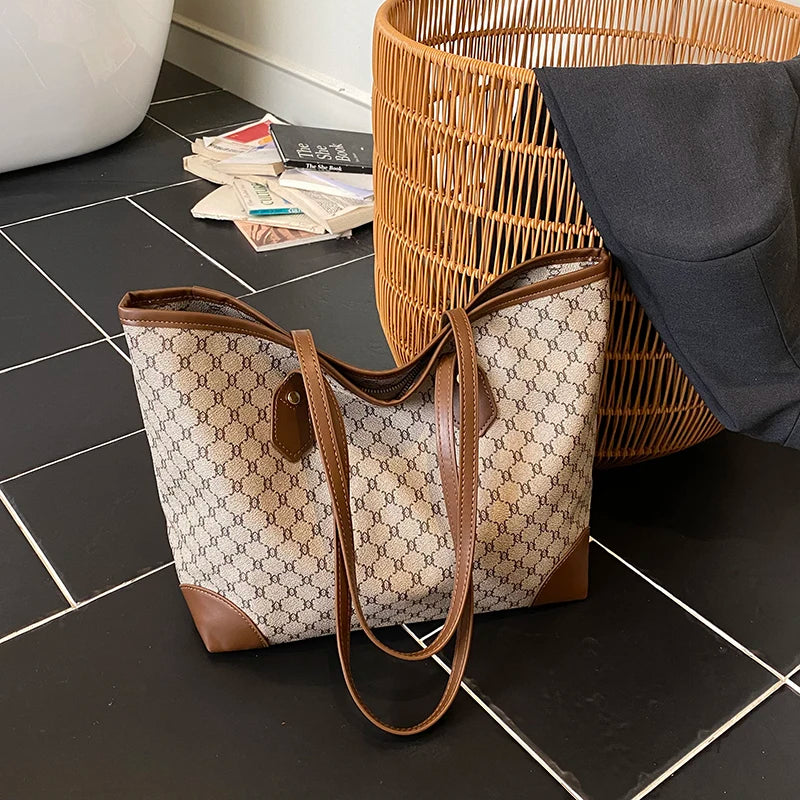 Classic Retro Ladies Tote Bag Geometric Shoulder Large Capacity Wear-Resistant Handbags Commute Work