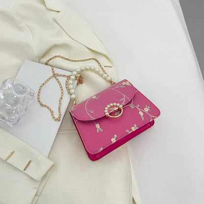 Pearl Chain Floral Embroidered Mini Shoulder Bag