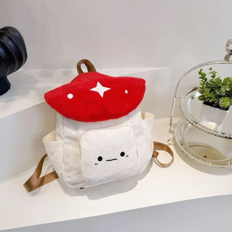 Cute Mushroom Kids Backpack – Soft Corduroy Plush Toadstool Bag