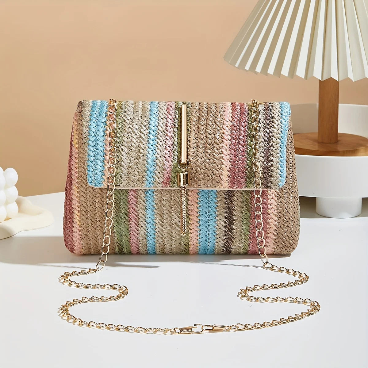 Rainbow Stripe Straw Crossbody Bag – Chain Strap & Tassel