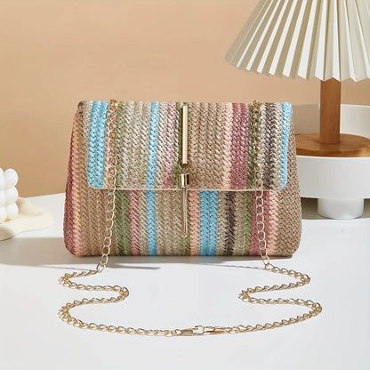 Rainbow Stripe Straw Crossbody Bag – Chain Strap & Tassel
