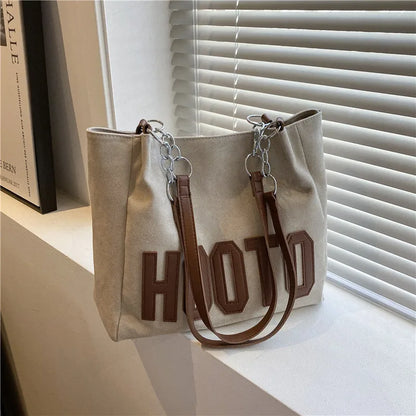 Large Capacity Nubuck Tote Bag with Letter Emboss & Chain Strap