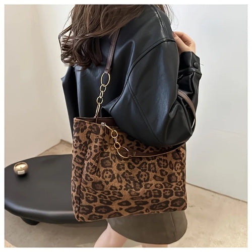 Leopard Print Shoulder Bag – Metal Chain Faux Leather Tote
