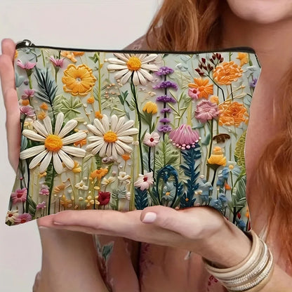 Floral Canvas Makeup Bag Zipper Pouch Lining Daisy Wildflower Toiletries Organizer Perfect Gifts
